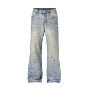 Washed Loose-Fit Wide-Leg Jeans with All-Over Pearl and Rhinestone Accents- OEM Manufacturer | Sirui Apparel
