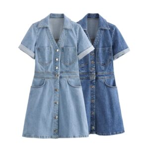 Women’s Summer New Fashion Casual Button-Down Mini Denim Dress with Waist Cinch- OEM Manufacturer | Sirui Apparel