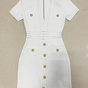 New Sexy Deep V-Neck Knitted Bodycon Dress – Short Sleeve with Lion Button Detail