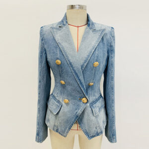 New Slim-Fit Double-Breasted Denim Blazer – Gold Lion Button Jacket