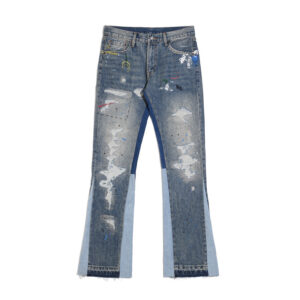 Washed Distressed Ink-Splashed Embroidered Patchwork Flared Jeans
