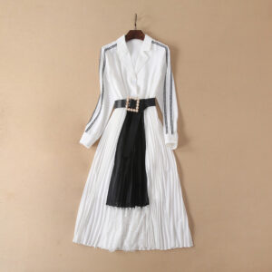 Elegant Colorblock Pleated Lace Dress with Blazer Collar and Belted Waist