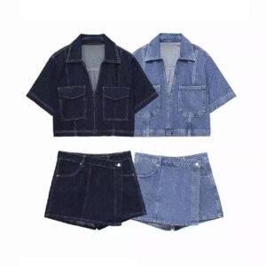 Women's Casual Denim Pocket Shirt & Asymmetric Skort Set – Style 6164155 / 616413