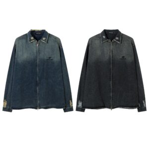 Vintage Gradient Denim Shirt Jacket – Unisex Long Sleeve Zip-Up