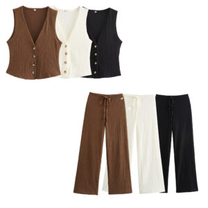 Textured Button-Front Vest & High-Waist Wide-Leg Pants Set (Minimalist Chic)