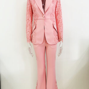 Lace-Panel Fitted Blazer & Flared Trousers Set (Elegant Two-Piece)
