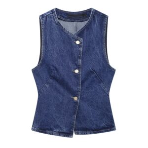 French-Fit Sleeveless Denim Vest (Asymmetric Buttoned Style)
