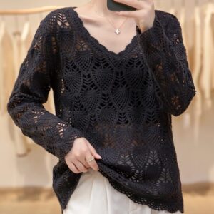 Women's Hand-Crocheted Lace V-Neck Pullover – Elegant Hollow Knit Lightweight Sweater