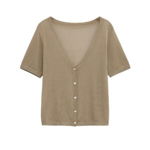 Minimalist V-Neck Knit Top – Loose-Fit Short Sleeve Cardigan Tee