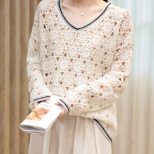 Women's Spring/Autumn Hand-Crocheted V-Neck Cashmere Sweater – Lightweight Hollow Knit Pullover