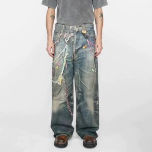 Washed Loose-Fit 3D Printed Graffiti Wide-Leg Jeans