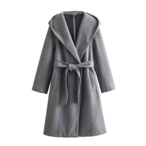 New Women's Hooded Woolen Trench Coat with Belted Waist – Elegant & Cozy Design