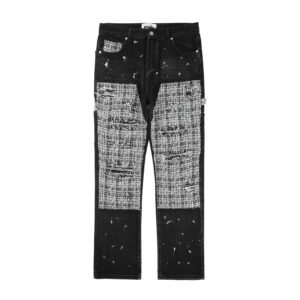 Patchwork Tweed Plaid Contrast Distressed Stretch Denim Jeans (Slight Flare)