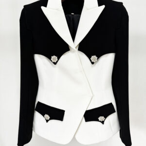 Tailored Monochrome Blazer with Rhinestone Brooch Buttons (Elegant Contrast Design)