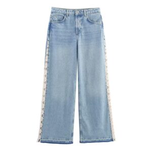 Loose Straight-Leg Jeans with Hollow Lace Side Panels