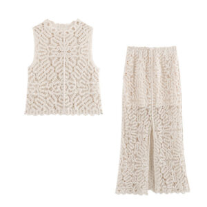 Hollow Lace Sleeveless Top + Wide-Leg Pants Two-Piece Set